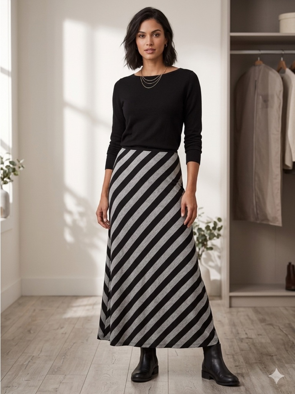 Roz & Ali Diagonal Black and Gray Maxi Skirt